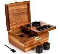 Premium Smell Proof Storage Box with Combination Lock - Handcrafted Brown Acacia Wood Storage Box Organizer Set with Airtight Seal, 3 Jars, Tray, Tube & Accessories - Large Decorative Gift Box
