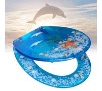 Premium Soft Close Toilet Seat - Resin Antibacterial Blue Ocean With Yellow Starfish Design - Quick Release, Slow Close, Never Loosen