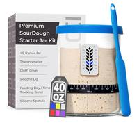 Premium Sourdough Starter Jar - 40oz Large Sourdough Jar with Marked Feeding Band, Thermometer, Scraper, Cloth Cover and Silicone Lid/Base, Wide Mouth Starter Kit - Blue