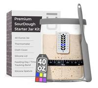 Premium Sourdough Starter Jar - 40oz Large Sourdough Jar with Marked Feeding Band, Thermometer, Scraper, Cloth Cover and Silicone Lid/Base, Wide Mouth Starter Kit - Grey