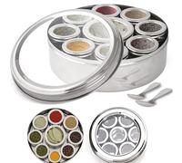 Premium Spice Tin Masala Dabba - Indian Spice Box, Transperent Lid, 9 Compartments with Individual Lids, Highest food grade Stainless Steel Tin, with 2 FREE Serving spoon (22cm, Transparent Lid)