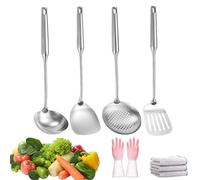 Premium Stainless Steel Kitchen Utensil Set, 6-Piece Heavy Duty Cooking Tools with Ergonomic Handle, Heat Resistant & Dishwasher Safe, Includes Spatula, Ladle, Skimmer & Pasta Server (4PCS)