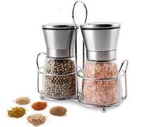 Premium Stainless Steel Pepper and Salt Grinder Set of 2 with Stand Glass Grinder Adjustable Coarseness Rotor Refillable - Top Salt and Pepper Shakers