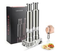 Premium Stainless Steel Salt and Pepper Grinder Set - Refillable One-Handed Thumb Press Grinders with Stand - Ideal for Kitchen, Dining, and Gifts