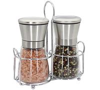 Premium Stainless Steel Salt and Pepper Grinder Set - Short Glass Shaker, Pepper Mill & Salt Mill with Adjustable Coarseness, Refillable for Himalayan or Sea Salt, Black Peppercorn, with Bonus Stand