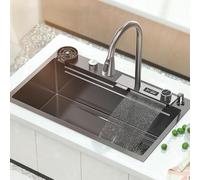 Premium Stainless Steel Waterfall Kitchen Sink with Real-time Temperature Display and Pull-Out Faucet - Versatile Drop-in or Undermount Installation