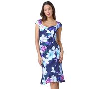 Roman Originals Ruffle Hem Dress for Women UK Ladies Sweetheart Neckline Frill Hemline Scuba Velvet Bodycon Fitted Fluted Flattering Wedding Guests Special Occasion Outfit - Navy Purple - Size 10