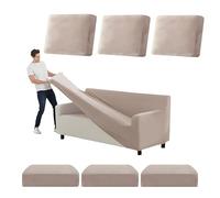 Premium Stretch Velvet Sofa Cover Set 7-Piece Anti-Slip Couch Protector with Separate Cush Slipcovers for Living Room/RV Khaki Fits 185-235cm P Fur Upgrade