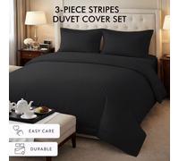 Premium Striped Duvet Cover Set Hotel Style Soft Microfiber Bedding with 2 Pillowcases Luxury Durable Easy Care -Single Black