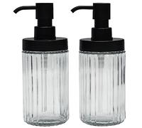 Premium Suanti 2-Pack Ribbed Glass Soap Dispenser Set for Bathroom & Kitchen Sink,Easy Refill Wide-Mouthed Soap Bottle with Matte Black Pump for Liquid Hand Dish Soap, Shower Gel, Shampoo-425ml, Clear