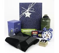 Premium Tea, Snacks & Accessories Hamper Gift Box | English Breakfast Tea Porridge Alarm Clock Biscuits Scarf Cufflinks Flask Perfect for Father's Day Men Dad - Gentleman's Morning Essentials