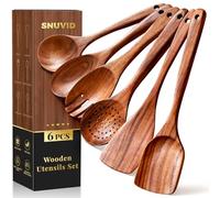 Premium Teak Wooden Spoons for Cooking, 6-Piece Wood Kitchen Utensils Set for Nonstick Cookware - Heat Resistant, Natural Healthy Spatula Set with Hanging Holes - Durable, Scratch-Free & Handcrafted