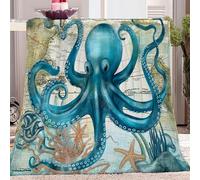 Premium Thermal Warm Blue Octopus Blankets, Super Soft Fleece Retro World Map 50" x 60" Throw, Cozy Fluffy Lightweigh Blanket For Bed Sofa Couch Living Room Sofa Chair
