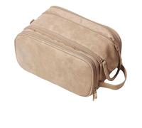 Premium Toiletry Travel Bag, Suede Leather, Multi-Compartment Dopp Kit with Handle, Beige, Beige, Classic