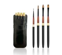 Premium Travel Brush Kit: Set of 4 Pony Hair Brushes in Elegant Black Synthetic Leather Case - Ideal for Watercolor and Acrylic - Versatile - Gift for Artists