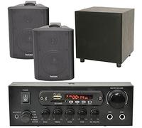 PREMIUM TV Sound System - 2x 90W Black Wall Mounted Speakers | 200W Active Bass Subwoofer | 110W Bluetooth Stereo Amplifier/Amp - Living Room Audio Kit