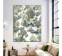 Premium Unframed Chinese Botanical Garden Wall Art Print, Architectural Landscape Canvas Wall Decor, Pictures Painting Home Decor For Living Room Stairs Bedroom Office Sage Green, 31X47 Inch