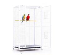 Premium Walk-in Aviary Parrot Cage 37x25.2x67 in Extra Large for Cockatiels | Heavy Steel Frame, 0.55" Gaps, Multi-door Flip Locks, Deep Tray & Casters, A:wire Mesh, B:clear Panel(White,A)