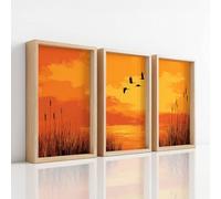 Premium Wall Art Print - Classic Orange Birds Artwork on Canvas, Sunset Silhouette Flying, The Home Decor Painting For Living Room/Bedroom/Bathroom/Kitchen/Hallway/Office, Set of 3