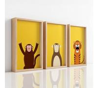 Premium Wall Art Print - Classic Yellow Cartoon Artwork on Canvas, Monkey Tiger Cute, The Home Decor Painting For Living Room/Bedroom/Bathroom/Kitchen/Hallway/Office, Set of 3