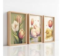 Premium Wall Art Print - Light Beige Floral Artwork on Canvas, Animals Rabbit Duck Cute, The Home Decor Painting For Living Room/Bedroom/Bathroom/Kitchen/Hallway/Office, Set of 3