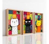 Premium Wall Art Print - Multicolor Cartoon Artwork on Canvas, Animals Cats Patchwork, The Home Decor Painting For Living Room/Bedroom/Bathroom/Kitchen/Hallway/Office, Set of 3