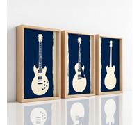 Premium Wall Art Print - Navy Blue Music Artwork on Canvas, Vintage Electric Guitar Cool, The Home Decor Painting For Living Room/Bedroom/Bathroom/Kitchen/Hallway/Office, Set of 3