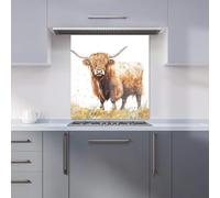 Premium Watercolour Highland Cow Kitchen Splashback 6mm Toughened Glass Kitchen Splashback - Heat Resistant Splashback for Kitchens, Perfect for Cookers and Hobs, Polished Edges