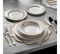 Premium White and Gold 24-Piece New Bone China Dinnerware Set for 6 People - Dinner Plates, Soup Plates, Dessert Plates, and Small Plates - Crockery Dining Set by Konigtum - KOR-WP