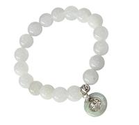 Premium White Jade Bracelet with Burmese Green Jade Elephant Charm, Natural Gemstone Beaded Stretch Bracelet, Lucky Prosperity Protection Jewelry for Women and Men, Comfort Elastic Fit 6.75 in, 33g