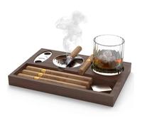 Premium Wooden Cigar Ashtray Set with Whiskey Glass Holder, Dark Walnut, Built-in Cigar Rest, Luxury Smoking Accessory
