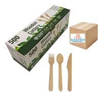 Premium Wooden Disposable 500pcs Cutlery Set Eco Friendly 200 Forks, 200 Spoons & 100 Knives Perfect for Parties Picnics Office