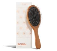 Premium Wooden Handle Hair Brush with Metal Bristles and Soft Cushion Pad - Scalp Massaging Comb for Tangled and Wet Hair