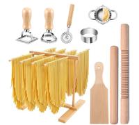 Premium Wooden Pasta Tool Set - Drying Rack, Gnocchi Board, Threaded & Plain Rolling Pins, Square/Round Ravioli Molds, Cutter Wheel, Dumpling Press & Marker, Complete Pasta-Making Kit