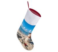 Premium Xmas Stocking Knitted Cotton Festive Sand Snowman on Beach Printed Christmas Stockings for Family, Hanging Xmas Decoration Stockings for Fireplace Gift Fillers