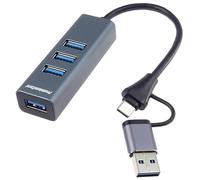 PREMIUMCORD SuperSpeed USB 2in1 to 4x USB A Hub, Data Transfer 3.2 Gen1 5Gbit/s, Type-C Connector, 5V Charging, for PC, Laptop, Keyboard, Mouse, SSD, Metal Housing, 15 cm