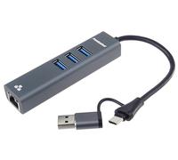 PREMIUMCORD USB 2in1 to Gigabit RJ45 + 3X USB A RJ45 Ethernet 10/100/1000Mbps Type-A Female 3.2 Gen1 5Gbps Adapter for PC Laptop Keyboard Mouse SSD Metal Case 15cm