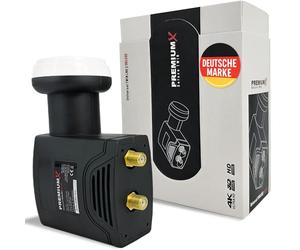PremiumX Deluxe Twin LNB Converter for 2 users with digital satellite reception in HD, UHD, and 4K quality. Supports DVB-S2 and PLL reference oscillator for best performance