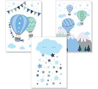 PREMYO Wall Art Prints Nursery Decor - Baby Room Decoration Boy - Kids Poster Set Hot Air Balloon Cloud Blue Picture A4