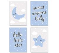PREMYO Wall Art Prints Nursery Decor - Baby Room Decoration Boy - Kids Poster Set Star Moon Cloud Blue Picture A4 Size