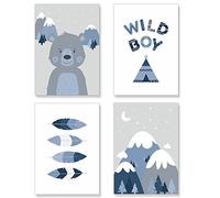 PREMYO Wall Art Prints Nursery Decor - Baby Room Decoration Boy - Kids Poster Set Tipi Tent Feathers Blue Picture A4
