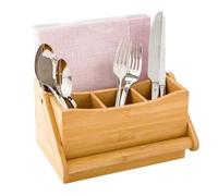 PREMZO Cutlery Caddy Utensils Holder Carrying Handle Kitchen Countertop Divider Wooden 4 Compartment Cooking Tools Napkin Fork Knives Spoons Storage Organiser Rack