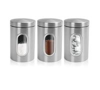 PREMZO Jars 3 Piece Set Canister Kitchen Caddy Containers Storage Ergonomic Food Stainless Steel Jar With Airtight Lid Viewing Glass For Tea Coffee Sugar Nuts Cereal spices