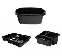 PREMZO Set of 3 Plastic Rectangular Large Sink Tidy, Washing Up Bowl & Dish Drainer Kitchen Sink Plate Rack Holder, Counter Top Shelf Organiser | 3 PCS Set (Graphite/Midnight)