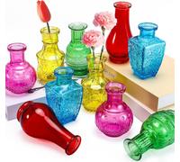 Preocea 10 Pack Glass Bud Vases Rustic Vintage Assorted Colours | Thick Durable Glass Bud Vases, Vintage Embossed Colored Bud Vase For Wedding Home Table Decor