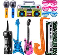 Preocea 11 Pack Inflatable Instruments, Blow Up Guitars Boom Box Keyboard Piano Saxophone Rock and Roll Party Supplies, Inflatable Rock Star Toy Set for 80s 90s Themed Carnival Party Birthday