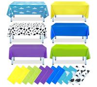 Preocea 12 Pack Blue Sky White Cloud Tablecloth, 137x274cm Cartoon Story Mix Color Plastic Tablecloth, Cow Print Disposable Rectangle Table Cove for Baby Shower Birthday Kids Cartoon Party Decorations