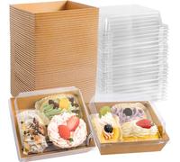 Preocea 50Pack Charcuterie Boxes, Square Paper Charcuterie Box, 12cm, Brown | Oil-Proof Dessert Boxes, Food Containers Bakery Boxes Clear Lids for Sandwich, Sushi, Cake Slice And Strawberries
