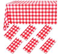 Preocea 6 Pack Gingham Tablecloth, 137x274 cm Plastic Tablecloth, Red White Checkered Table Cloth Party, Waterproof Red Gingham Checkered Tablecloths, Disposable Table Cover for Party Picnic BBQ