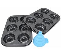 PreOkupied 2-Pack of 6-Cavity Mini Bite-Size Fluted Tin Nonstick Baking Pans, Dark Grey Carbon Steel, 27 x 19 x 4 cm with 7cm Cavities, Complete with Blue Mini Collapsible Silicone Funnel